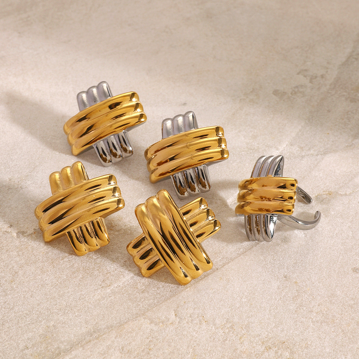 Wholesale 18K gold stainless steel gold and silver color matching rib X earrings