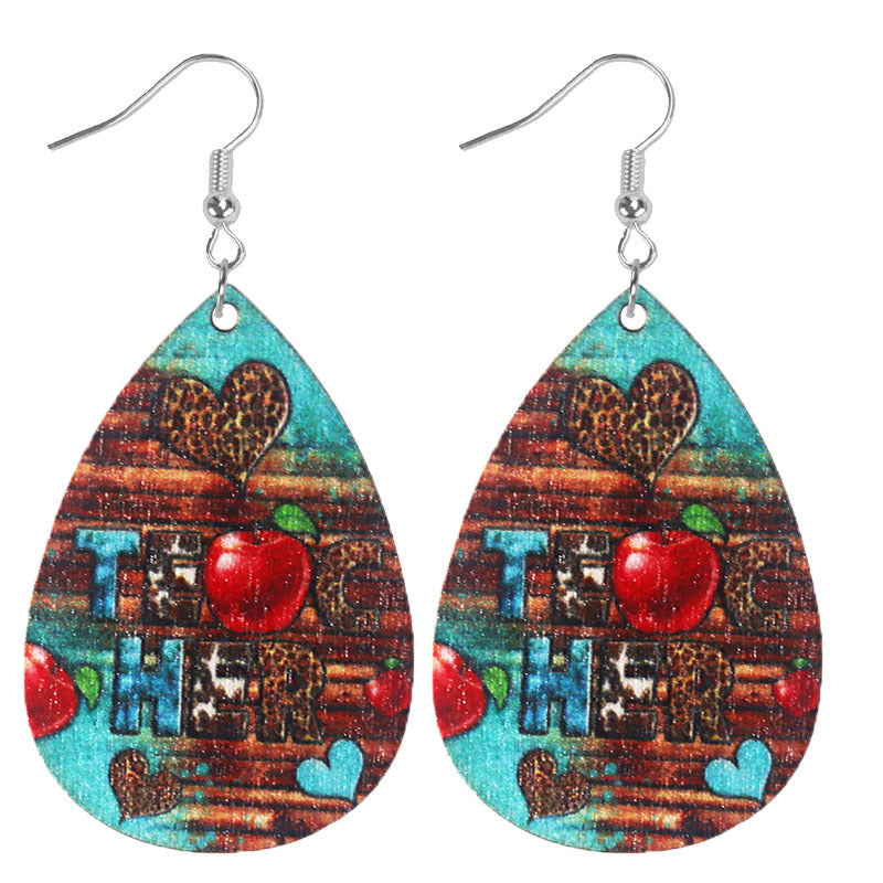 Wholesale Learning Leopard Apple Books Drop-shaped Wooden Earrings