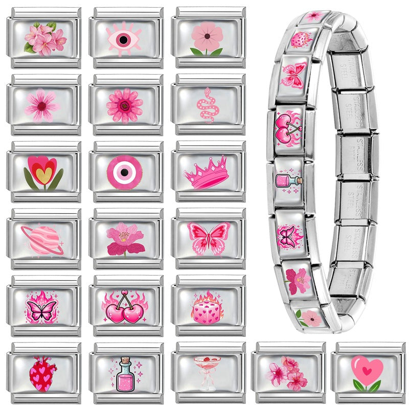 Wholesale Italian Charm Bracelet 9mm DIY Colorful Element Pink Pattern  Creative Stainless Steel Composable Bracelet