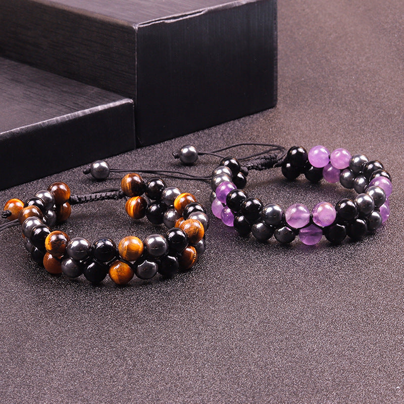Wholesale Volcanic Stone Handwoven Beaded Glossy Tiger Eye Double Layer Bracelet ACC-BT-Ruyue004