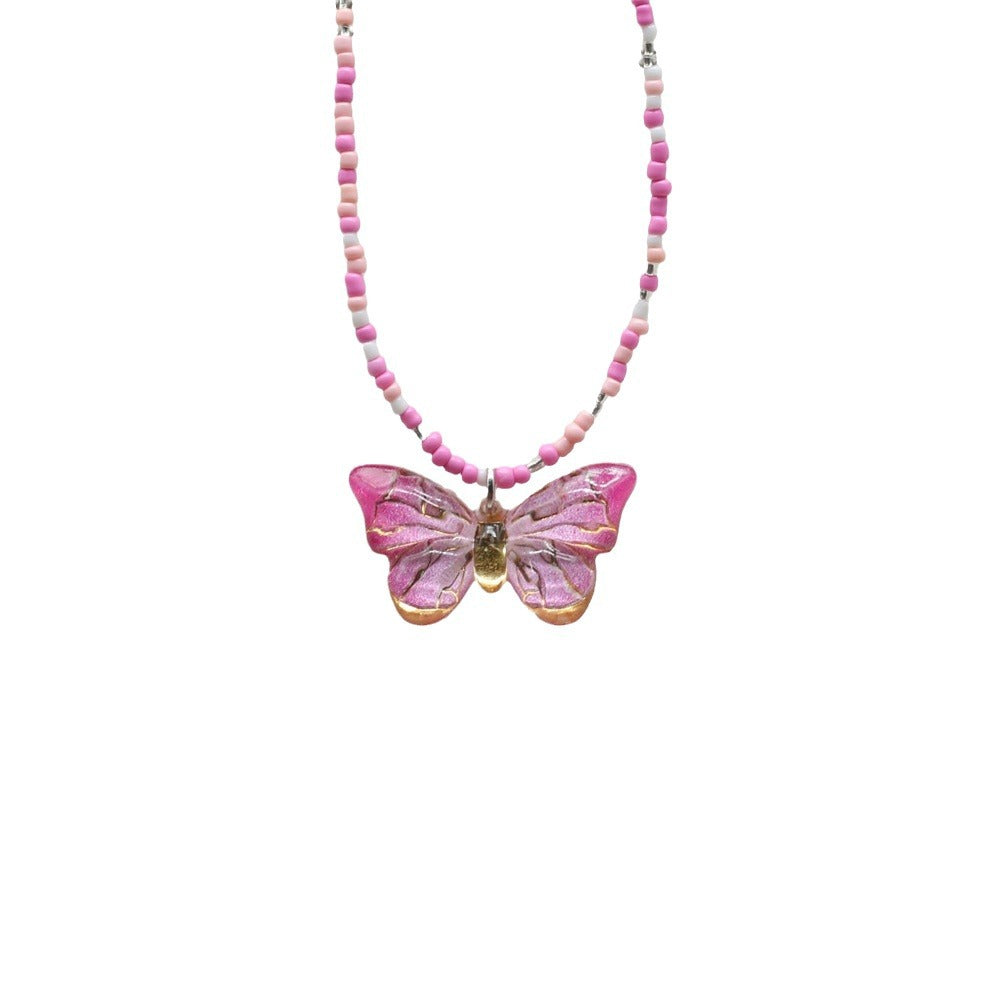 Wholesale gradient color bronzing butterfly sweet pendant rice beads beaded necklace