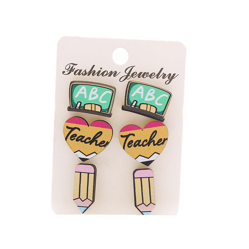 Wholesale Pencil Love ABC Blackboard Wooden Earring Set ACC-ES-XA002