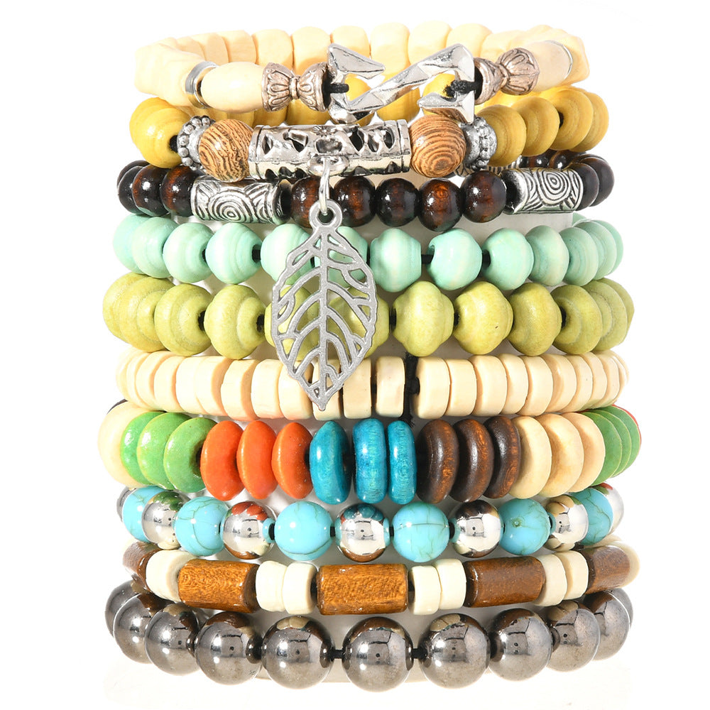 Wholesale Wooden 10-piece set turquoise beaded bracelet