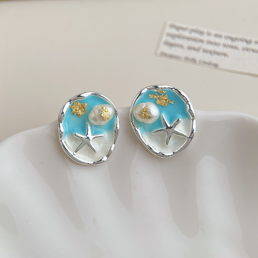 Wholesale Copper Blue Enamel Drip-Glazed Flower Earrings,  Fresh Floral Pearl Studs,  Fashion Accessory
