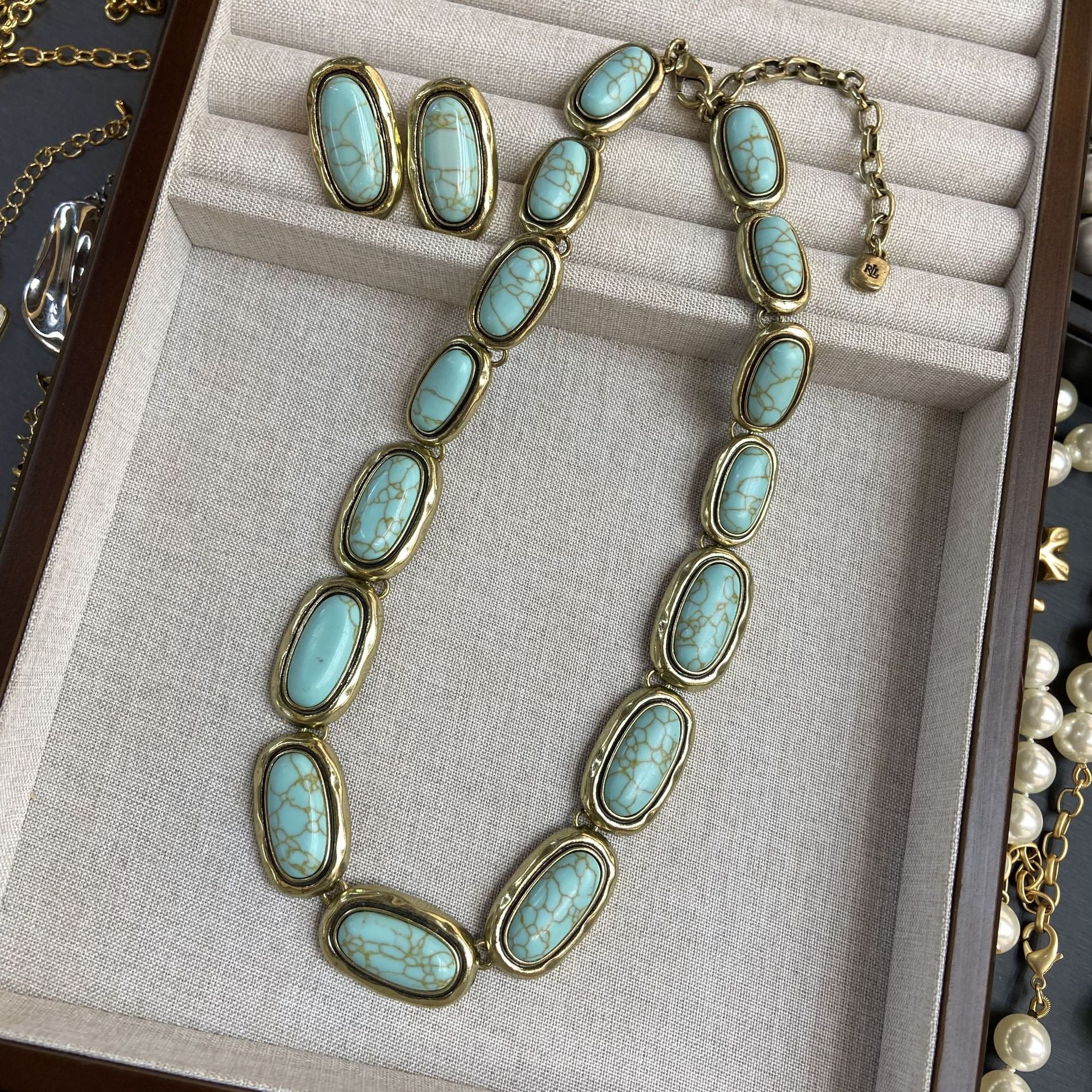 Wholesale retro turquoise necklace earrings suit vintage copper plated real  jewelry suit