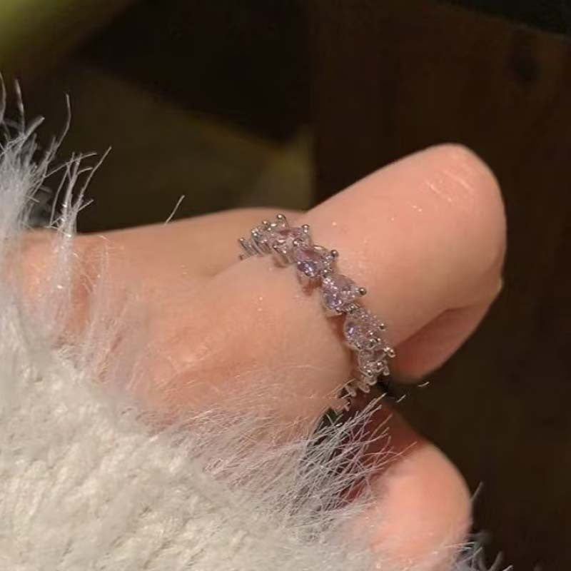 Wholesale Sugar Cube Pink Ring~Zirconia Diamond-Studded High-End Luxury Open-Ended Index Finger Ring with Row of Diamonds and Heart-Shaped Stackable Rings for Women