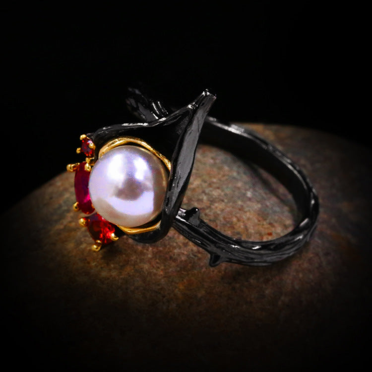 Wholesale  Pearl Flower black gold ring necklace earrings three-piece set  jewelry