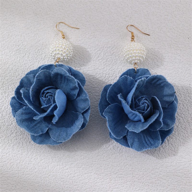 Wholesale Camellia denim blue fabric earrings