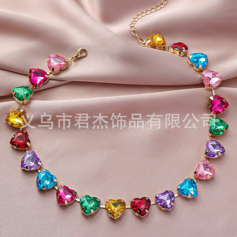 Wholesale Exaggerated Geometric Love Color Rhinestone Clavicle Necklace ACC-NE-JunJie012