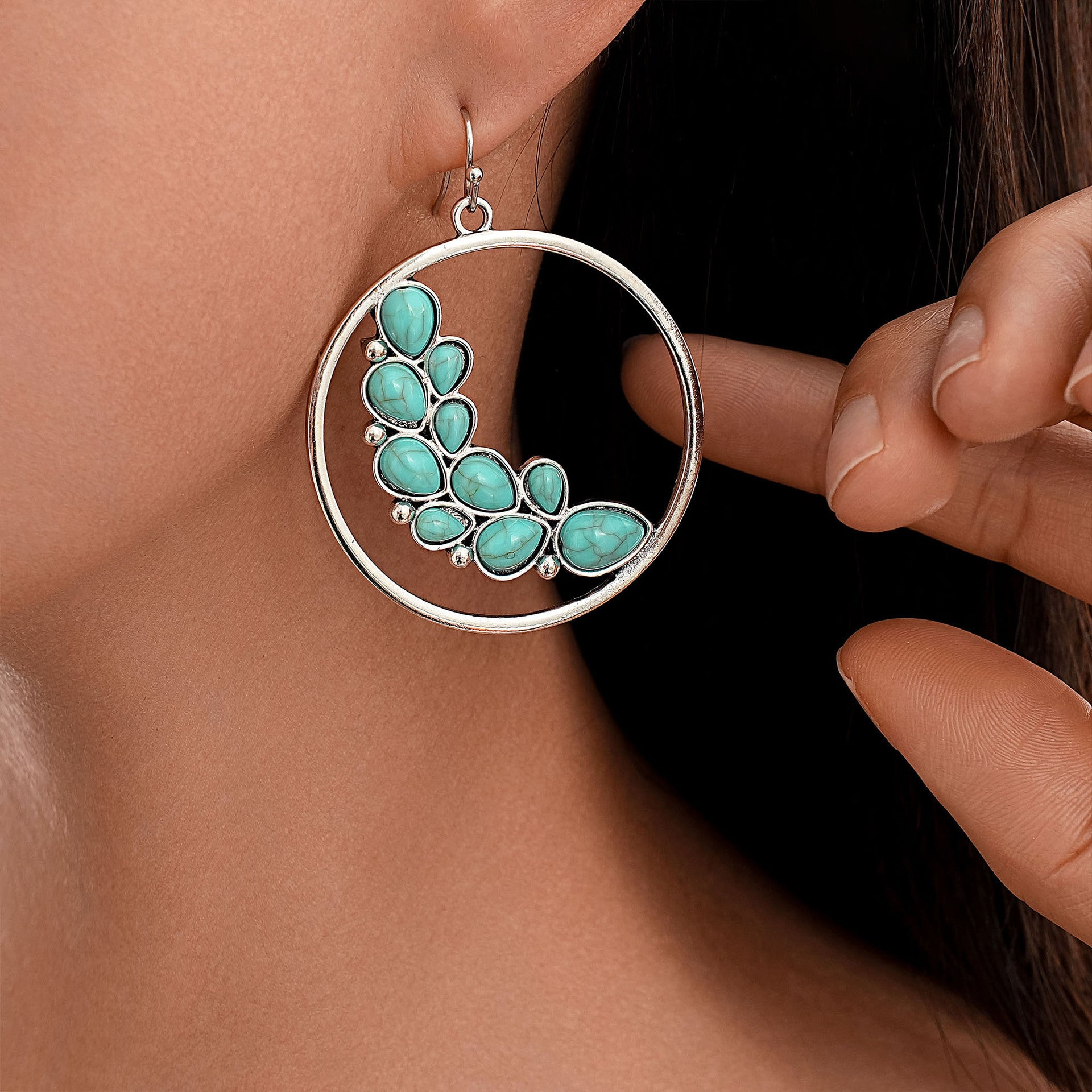 Wholesale retro earrings  exaggerated large circle leaf turquoise earrings
