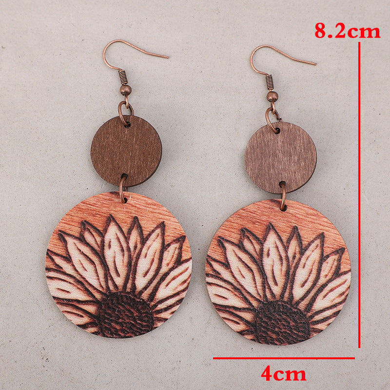 Wholesale Retro Bohemian Printed Flower Wooden Earrings Fashion Accessory