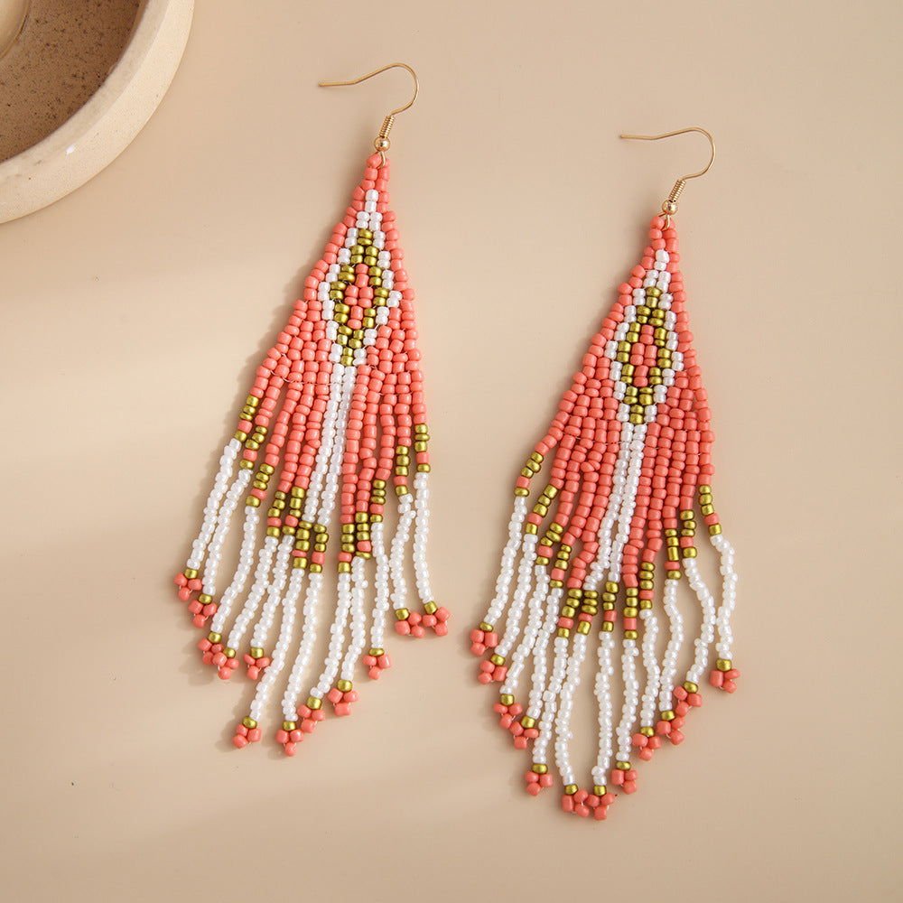 Wholesale Exaggerated Rhombus Colorful Rice Beads Tassel Earrings Bohemian Style ACC-ES-Lant002