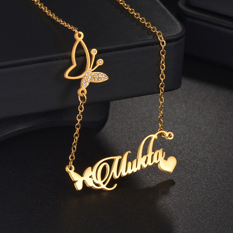 Wholesale Titanium Steel Butterfly and diamond heart necklace