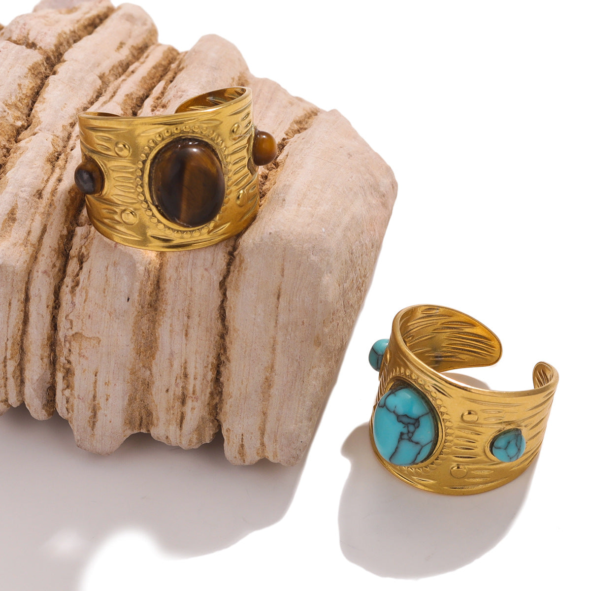 Wholesale Stainless Steel Natural Stone Ring for Women,  Geometric Design with Tiger Eye,  Trendy Jewelry Accessory for Everyday Wear