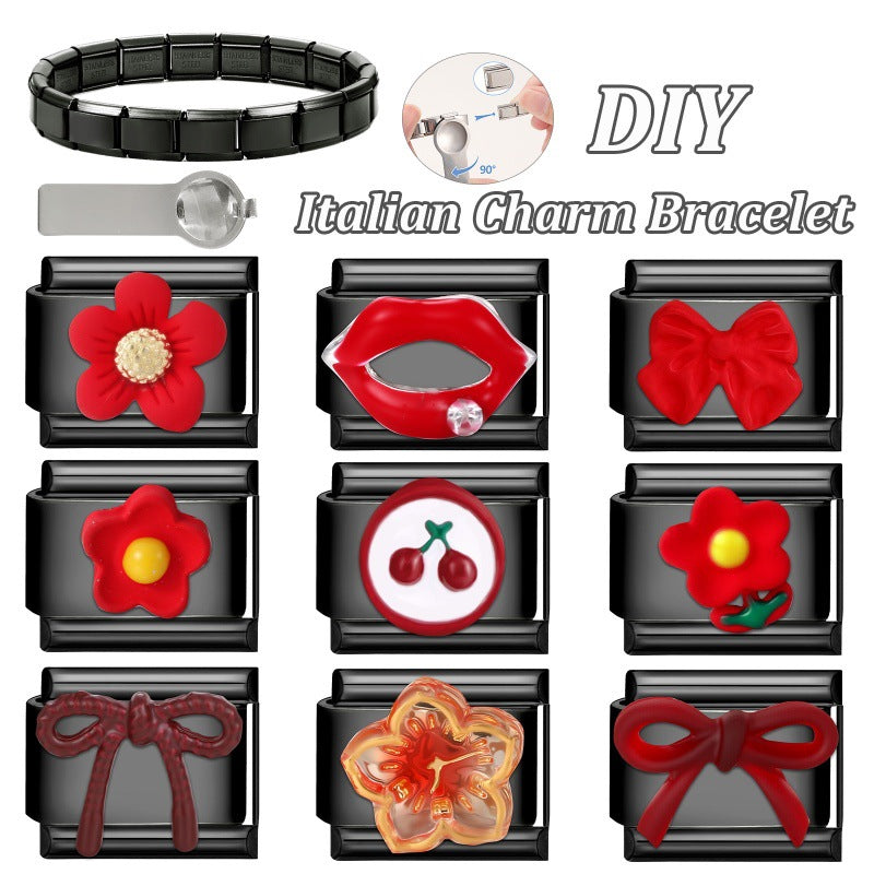 Wholesale DIY Black Stainless Steel Bracelet with Red Flowers,  Bow,  Cherry &  Lip Patchwork - Fashion Accessory