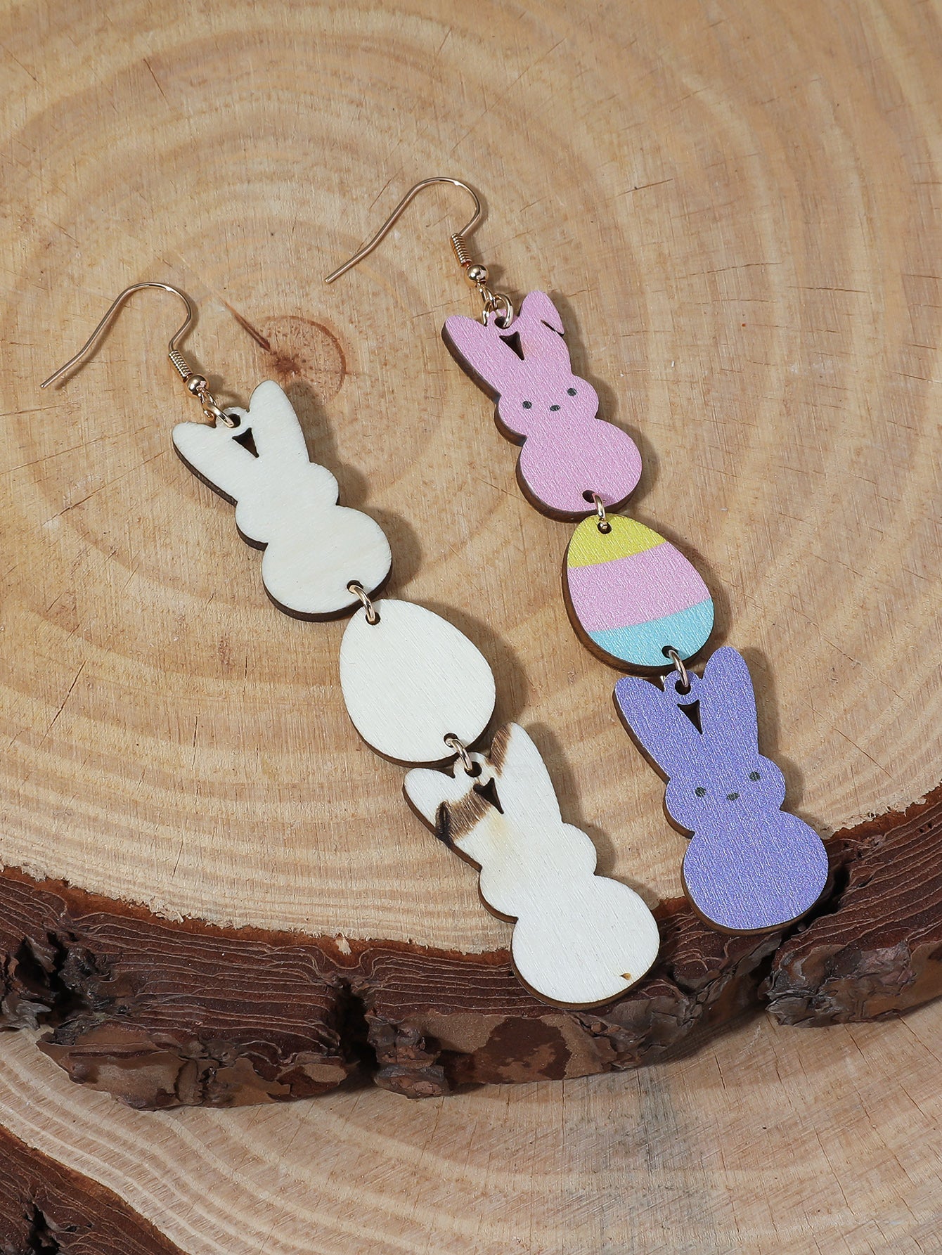 Wholesale Easter pink and purple rabbit egg wooden earrings