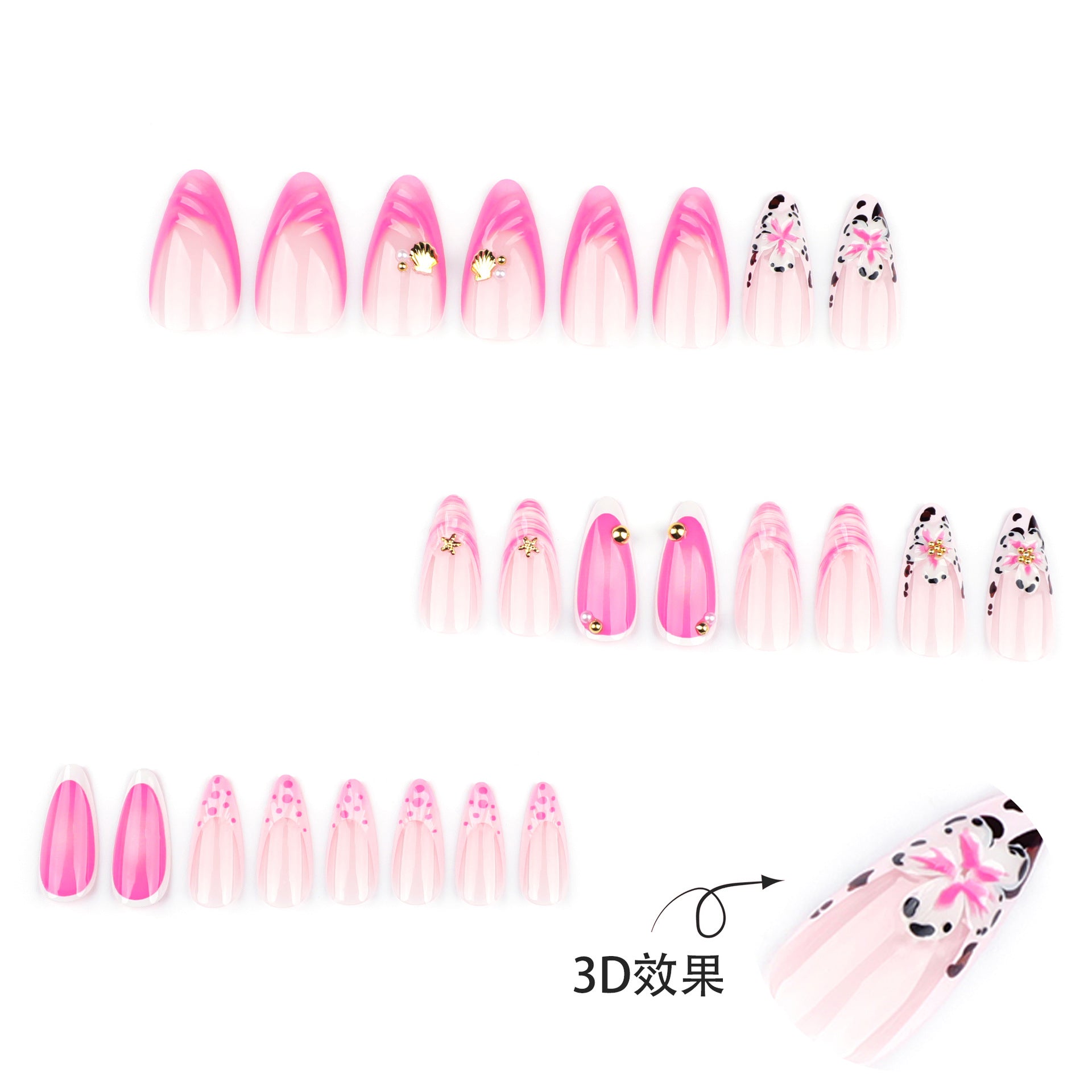 Wholesale 24 Pieces/box 3D Pink Flower Shell Nails Kits Nail Stickers