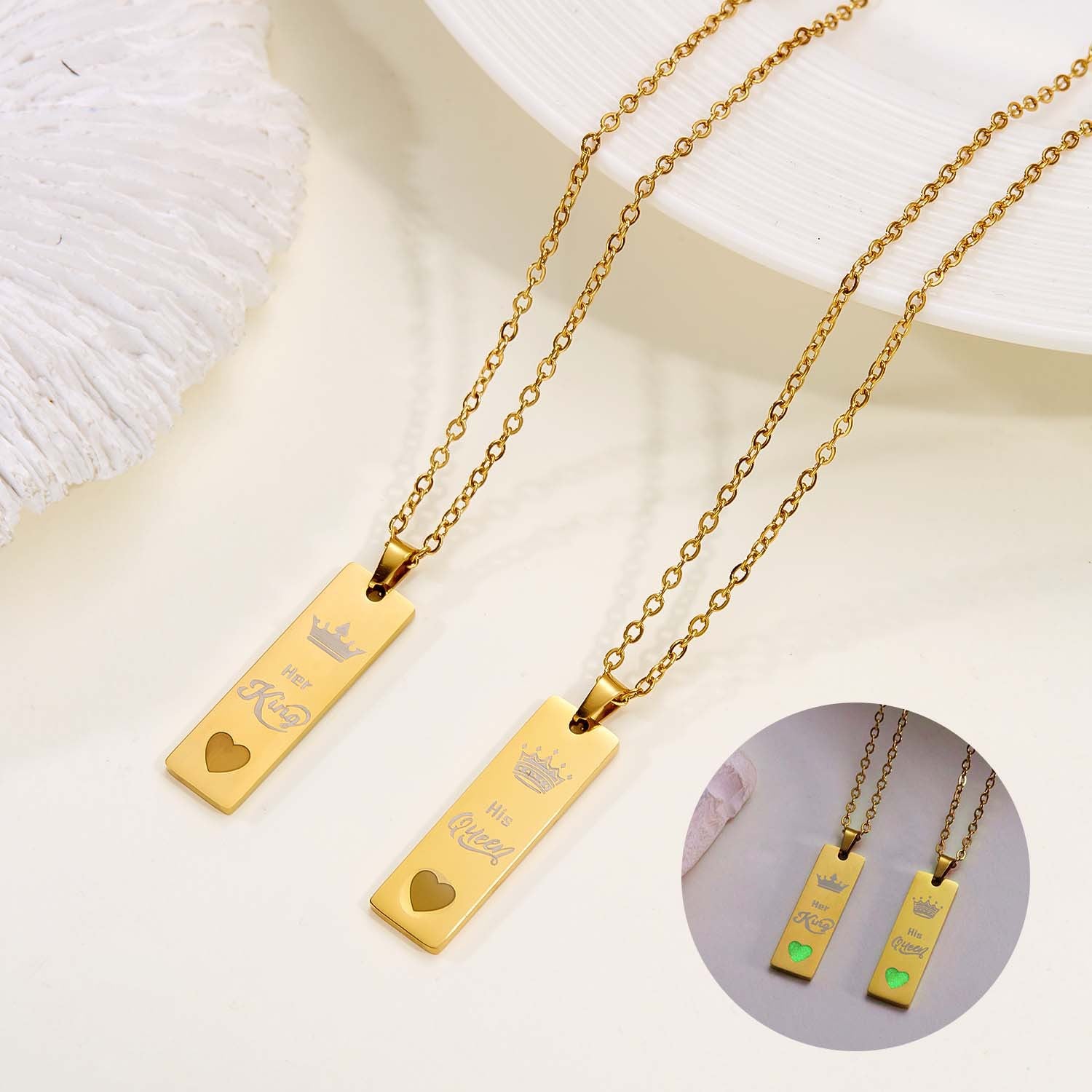 Wholesale  Couple Stainless Steel King and Queen Luminous  Letter Necklace