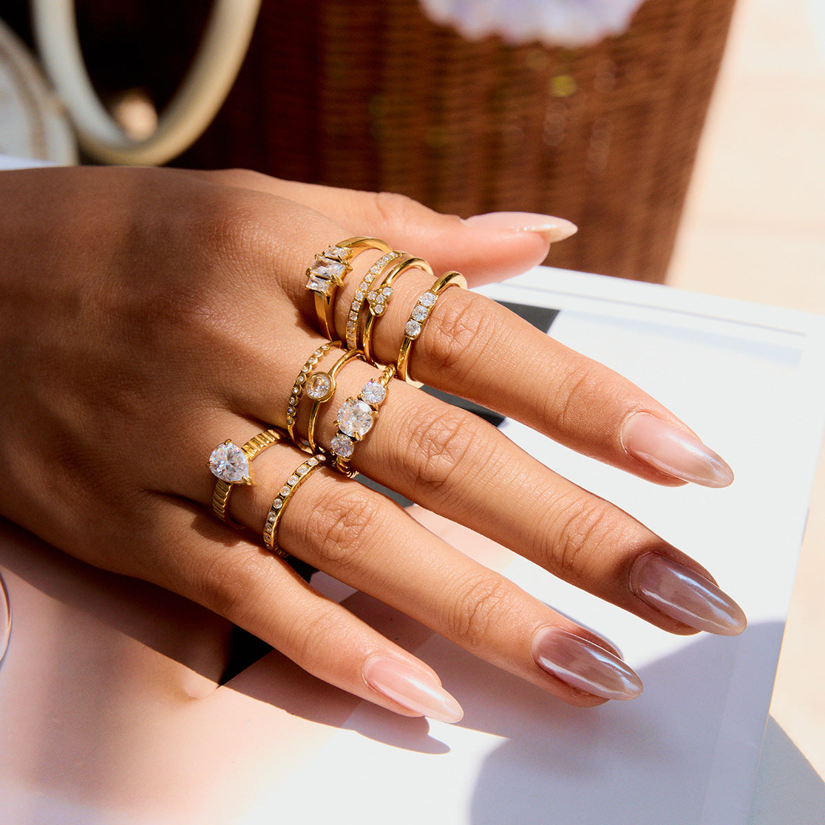 Wholesale 18K Gold Stainless Steel Round White Zircon Double-Layer Cut Out Ring