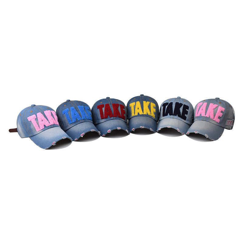 Wholesale Trendy Embroidered Washed Denim Baseball Cap Adjustable Wine Red Unisex