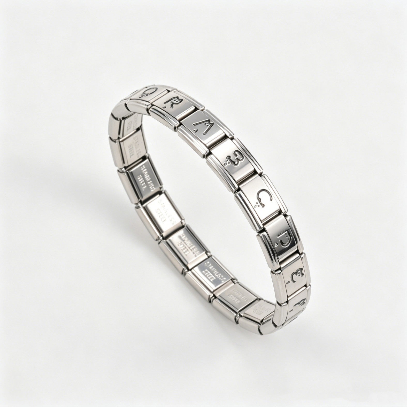 Wholesale Stainless Steel Polished 9mm Elastic DIY Bracelet with Black Alphabet Beads and LUCK Charm Unisex Jewelry Accessory