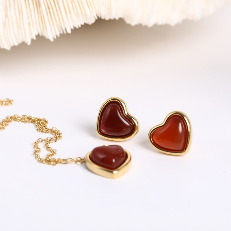Wholesale Titanium Steel Natural Stone Red Agate Pendant Necklace Heart-Shaped Necklace Earrings