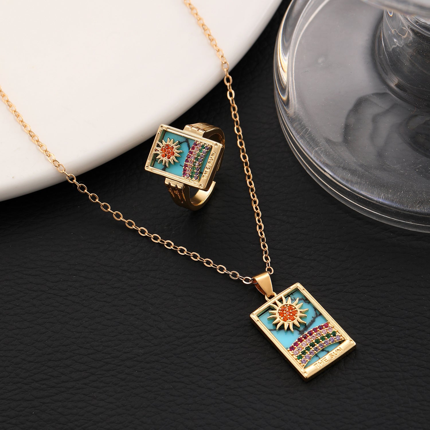 Vendita all'ingrosso Anelli con collana a goccia rettangolare con pendente retrò