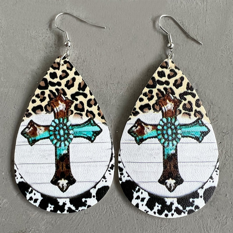 Wholesale 2 Pairs/Pack Christmas Vintage Western Style Leopard Print Sunflower Cactus Drop Shape Leather Earrings ACC-ES-HY104