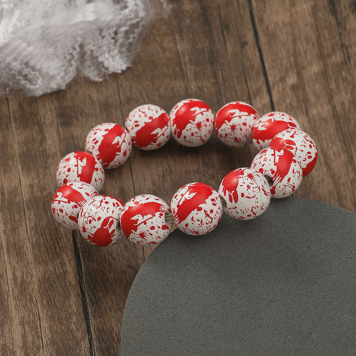 Wholesale Halloween Wood Beads Pumpkin Spider Print Beaded Bracelet ACC-BT-JunJie011