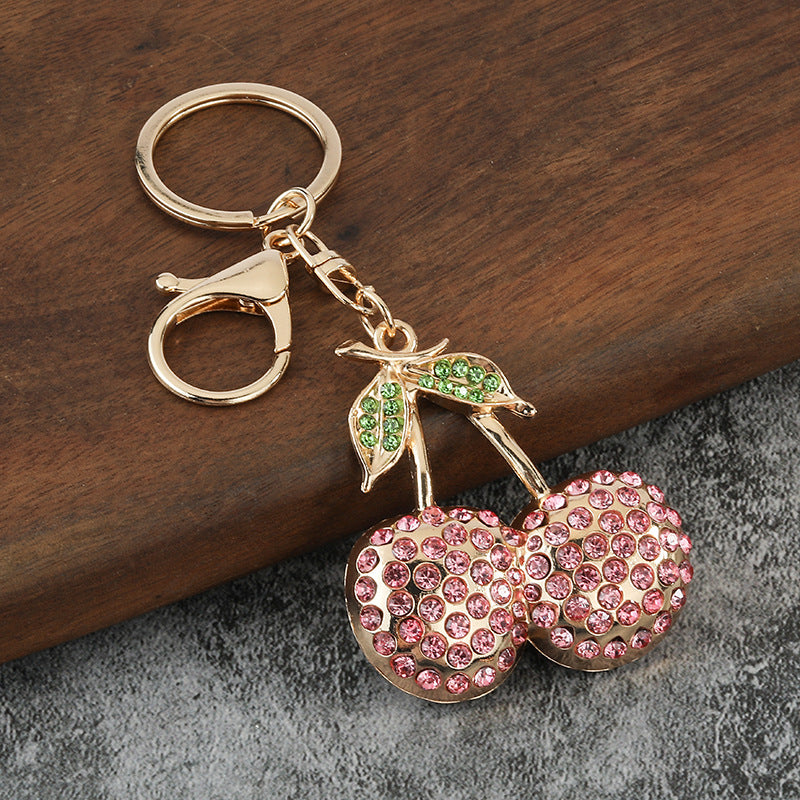 Wholesale Zinc Alloy Cherry Rhinestone Keychain Fruit Key Ring Stylish Bag Charm Gift for Wedding Boutique Resale