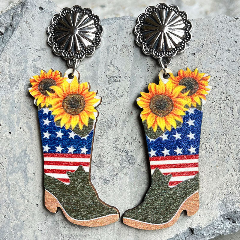 Wholesale 2 Pairs/Pack American Independence Day Western Style Cowboy Boots Cow Head Sunflower Wood Earrings ACC-ES-HY103