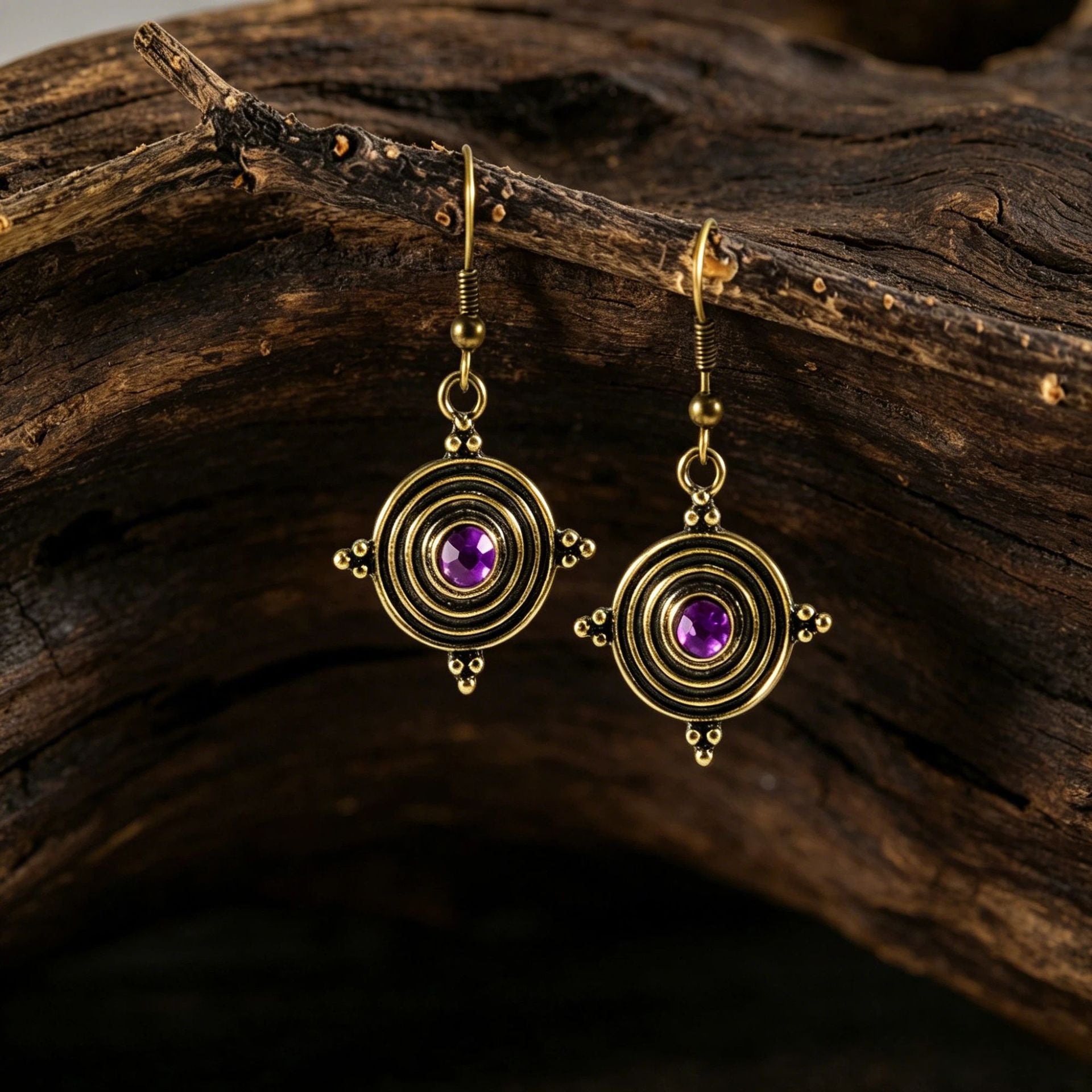 Wholesale Retro Gold Sun Cross Earrings with Purple Gemstone,  Party Wear for Women
