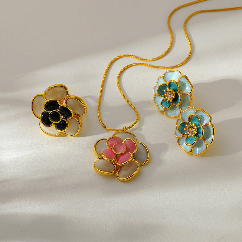 Wholesale Cat' s Eye Stone Dripping Oil Colorful Flower Necklace