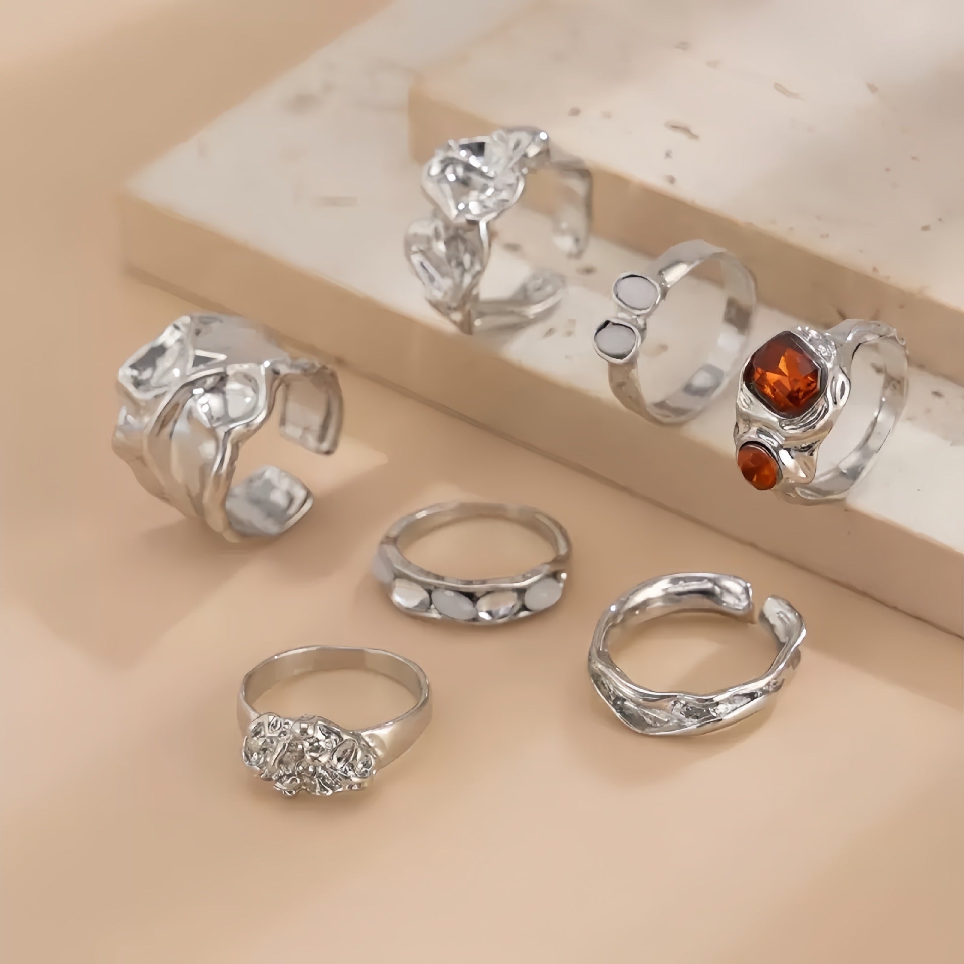 Wholesale Liquid Lava Irregular Moonstone Ring Set 7 Piece Gold Geometric Jewelry Accessory Boutique Gift For Everyday Wear