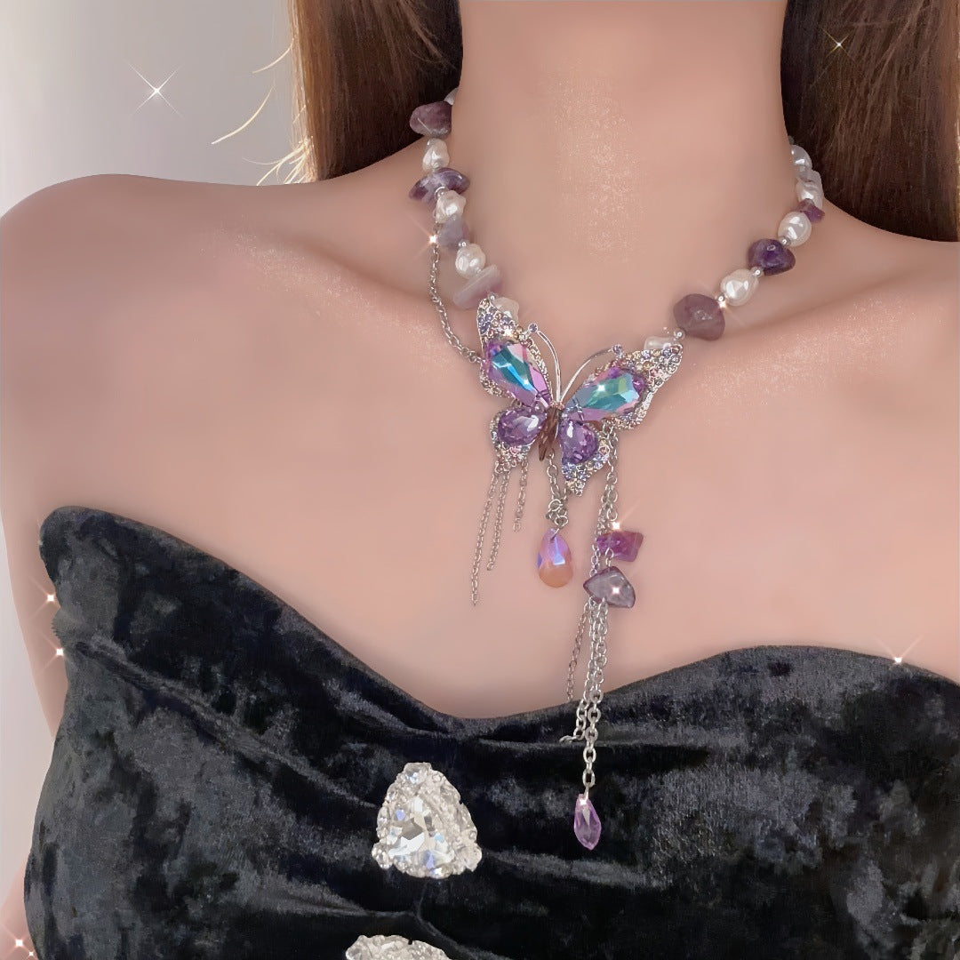 Wholesale Zircon Color Butterfly Irregular Pearl Purple Stone Beaded Necklace