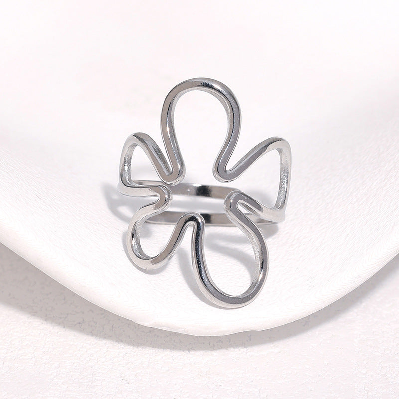 Wholesale Stainless Steel Hollow Flower Open Ring Adjustable Steel Tone Design Trendy Jewelry Accessory For Women Boutique Resale Everyday Wear