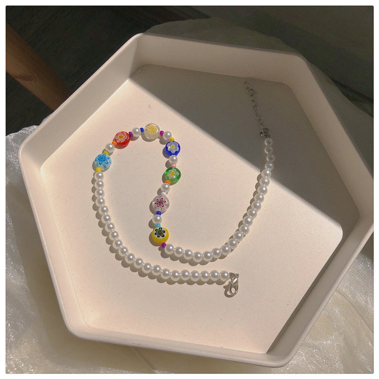 Wholesale Small Daisy Glass Millet Beads Clavicle Necklace