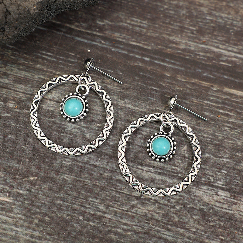 Wholesale retro round hollow inlaid turquoise fashion pendant earrings