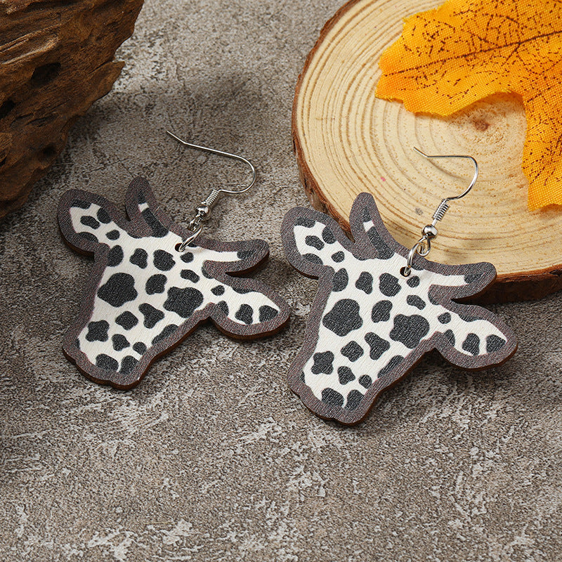 Wholesale Western Wind Cow Head Cow Pattern Leopard Pattern Sunflower Wooden Earrings