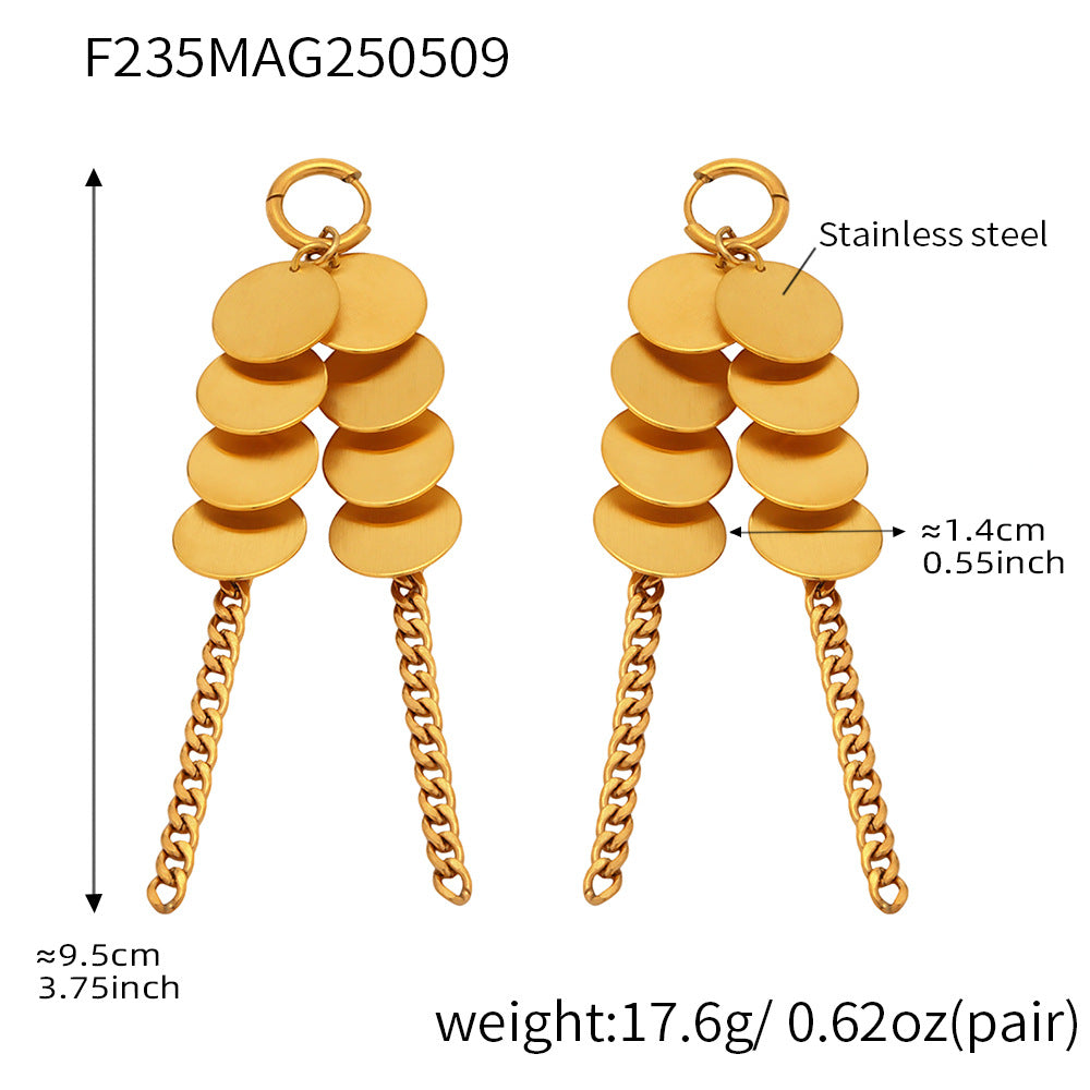 Wholesale Stainless Steel Texture Disc Chain Tassel Earrings