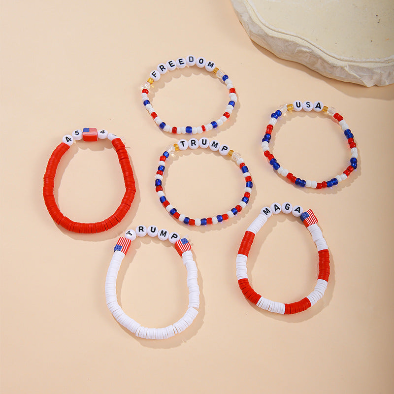 Wholesale Bohemian Style Colorful Soft Pottery Elastic Letter Independence Day Flag Multi-layer Bracelet