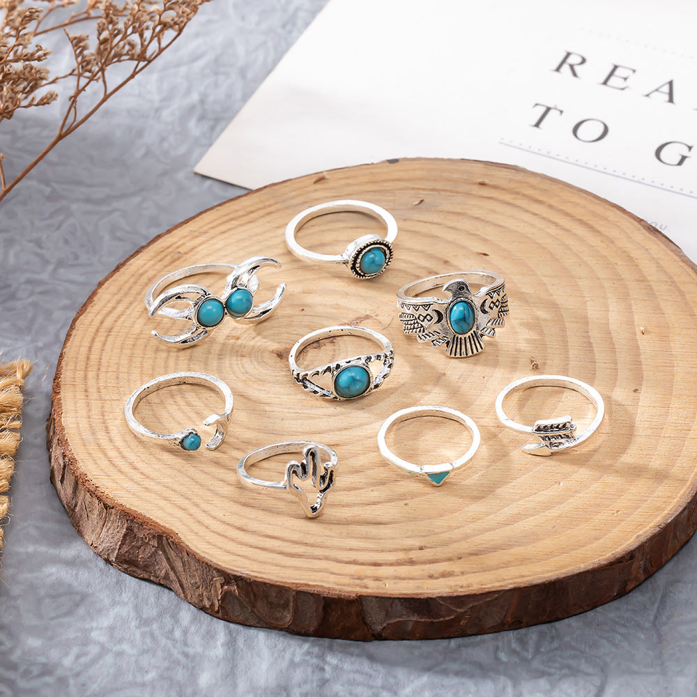 Wholesale Vintage Turquoise Eagle Cactus Moon Arrow 8-Piece Ring Set