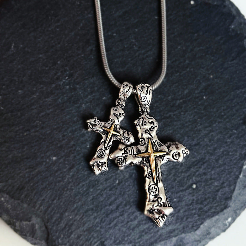 Wholesale Zinc Alloy Retro Graffiti Cross Pendant Necklace Unisex Hip Hop Trendy Fashion Accessory Gift