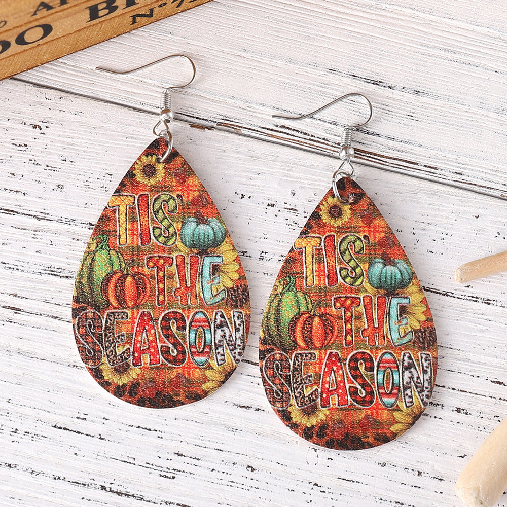 Wholesale Thanksgiving Autumn Harvest Pumpkin Sunflower Leopard Print PU Leather Earrings ACC-ES-ChuLian088