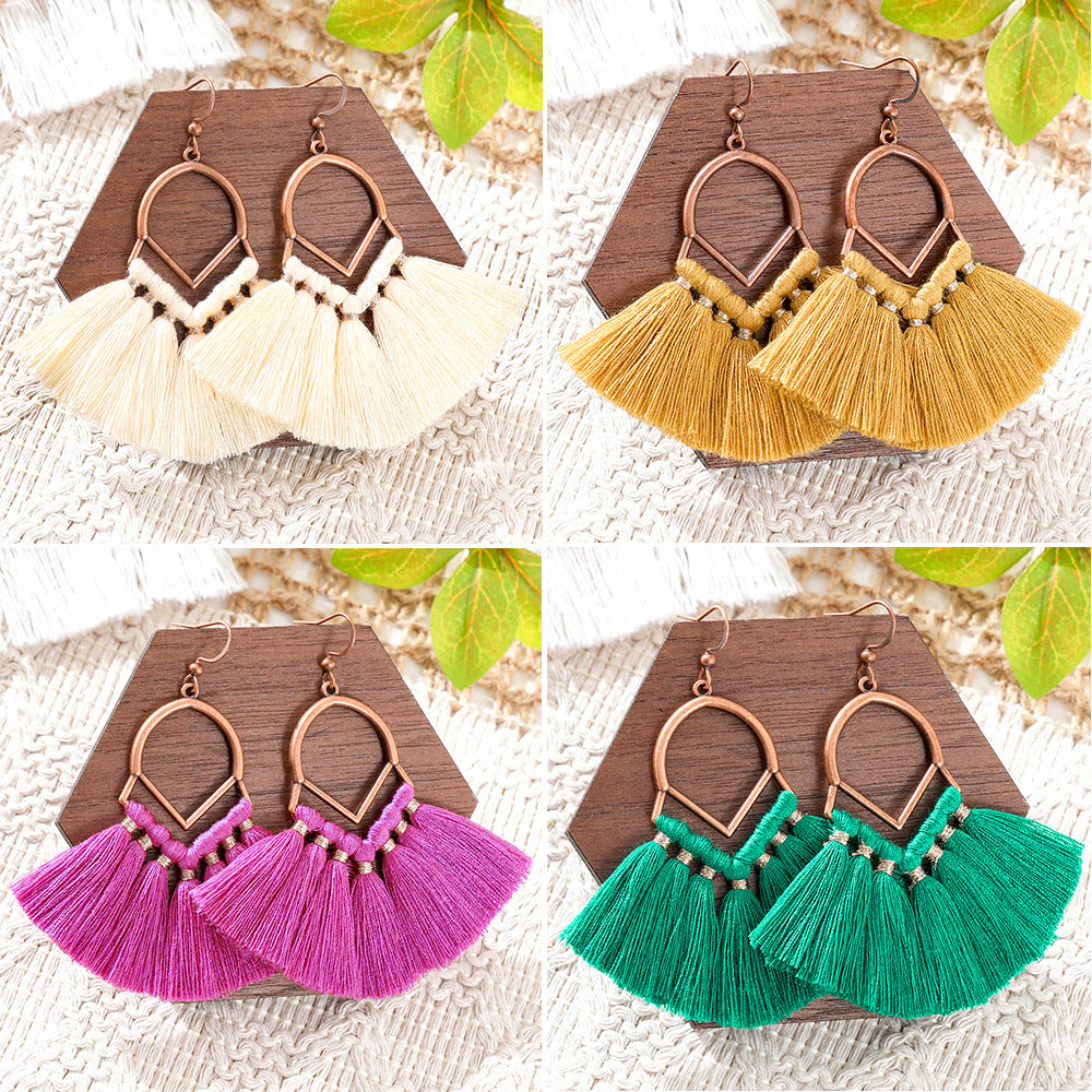 Wholesale Bohemian Fan Shaped Long Tassel Earrings
