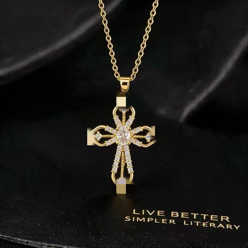 Wholesale Gold Plated Copper Zircon Cross Pendant Necklace With Bow Design For Women Stylish Casual Jewelry Accessory For Boutique Resale
