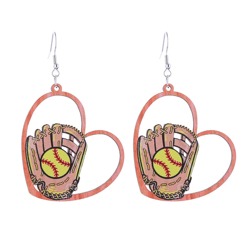 Wholesale Sports Style Baseball Heart Wooden Earrings