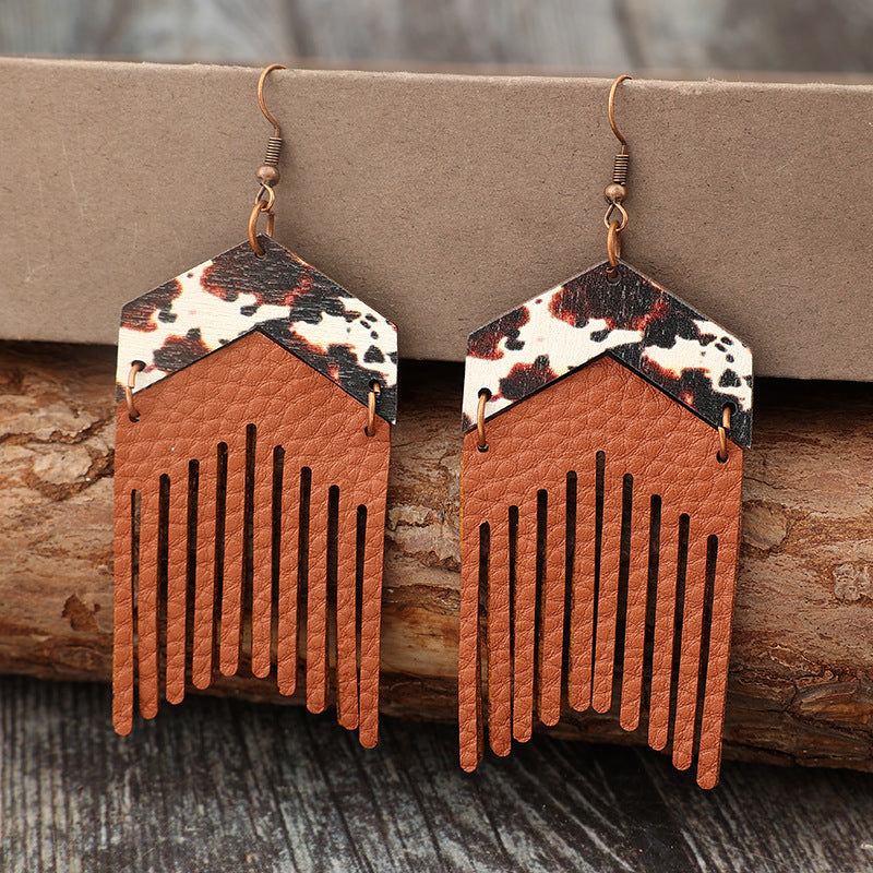 Wholesale Retro Western Style Tassel Pu Leather Stitching Wooden Cow Pattern  Earrings
