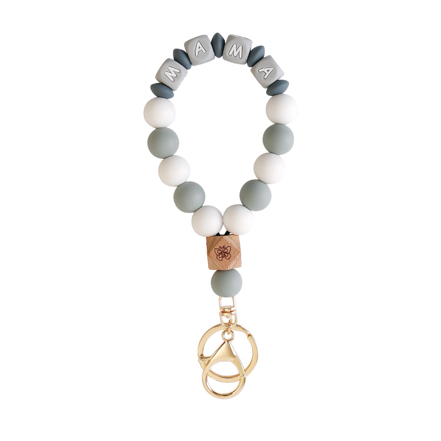 Wholesale MAMA Silicone Bracelet Keychain Butterfly Wooden Beads Beaded Mother's Day Keychain Wristlet Keychain ACC-KC-Jinz002