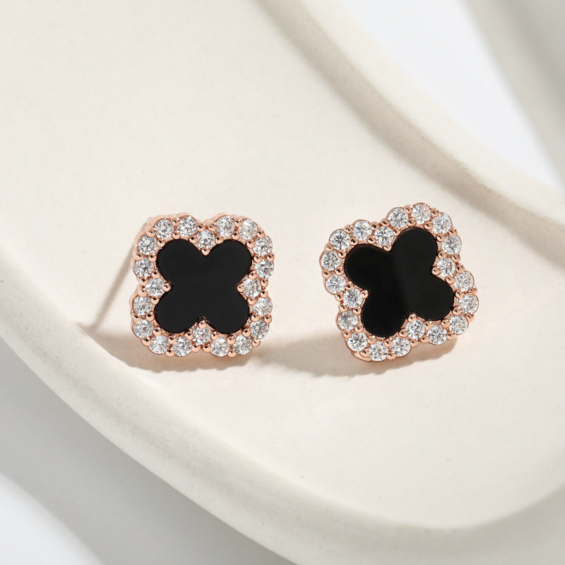 Wholesale 18K black chalcedony anti-allergy  S925 silver needle simple diamond black agate earrings